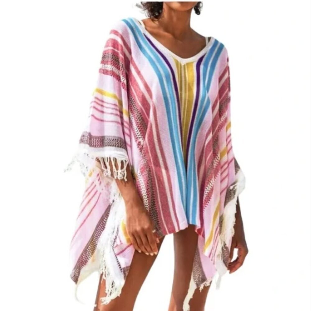 BOHO Rainbow Stripe Fringed Poncho Swimsuit‎ Coverup One Size #15S